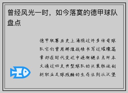 曾经风光一时，如今落寞的德甲球队盘点