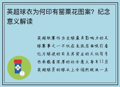 英超球衣为何印有罂粟花图案？纪念意义解读