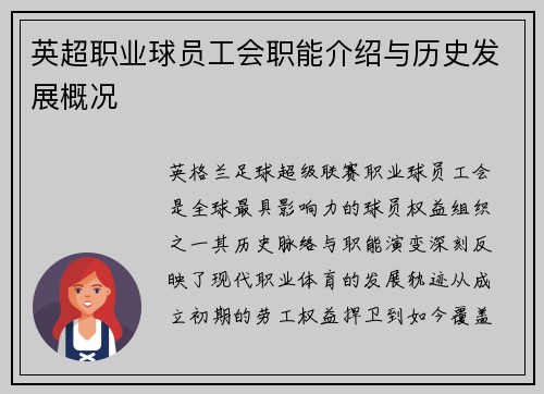 英超职业球员工会职能介绍与历史发展概况